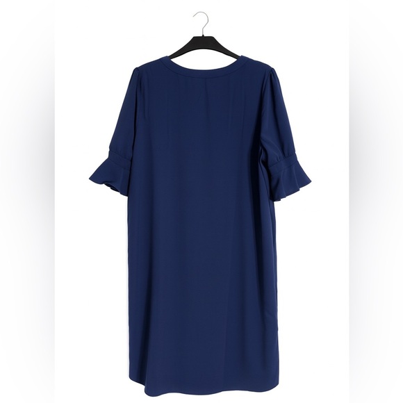 Women’s Large Navy Blue Sheath Dress – V-Neck Ruffle Sleeve Versatile Classic - Picture 3 of 6